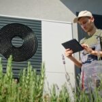 Technician,Using,A,Tablet,To,Inspect,An,Outdoor,Heat,Pump